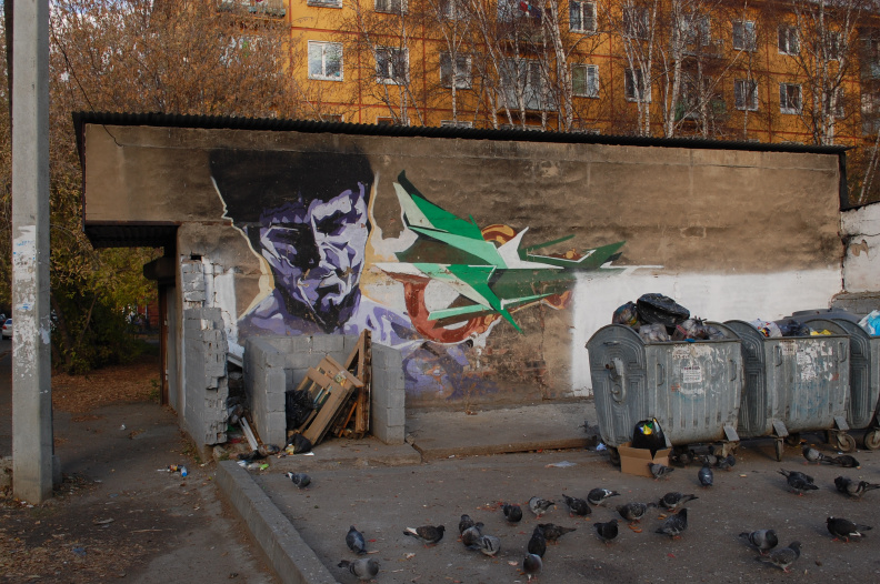 Голуби любуются граффити на помойке во время ужина